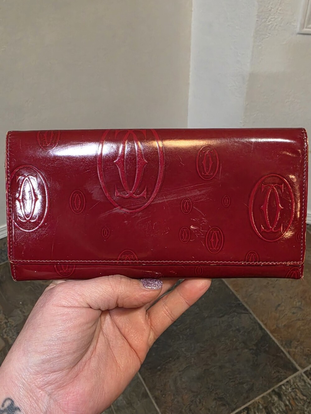 Vintage Cartier Happy Birthday Patent Leather Flap Wallet - Burgundy - MSRP $700
